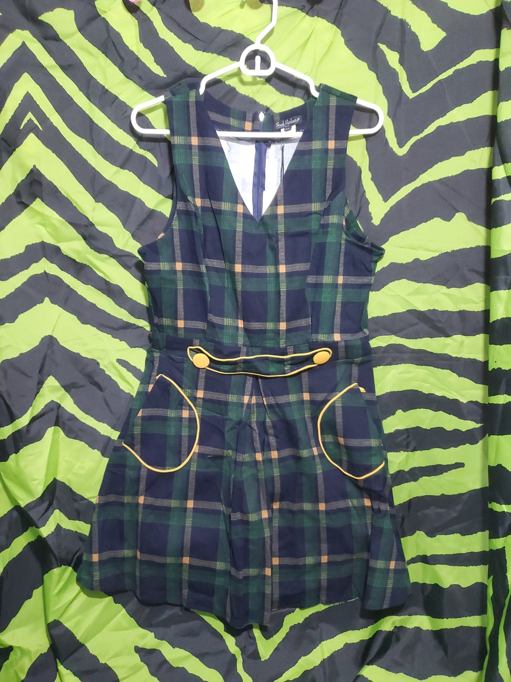 Smak Parlour - Plaid Sleeveless Fit-and-Flare Dress with Yellow Trim